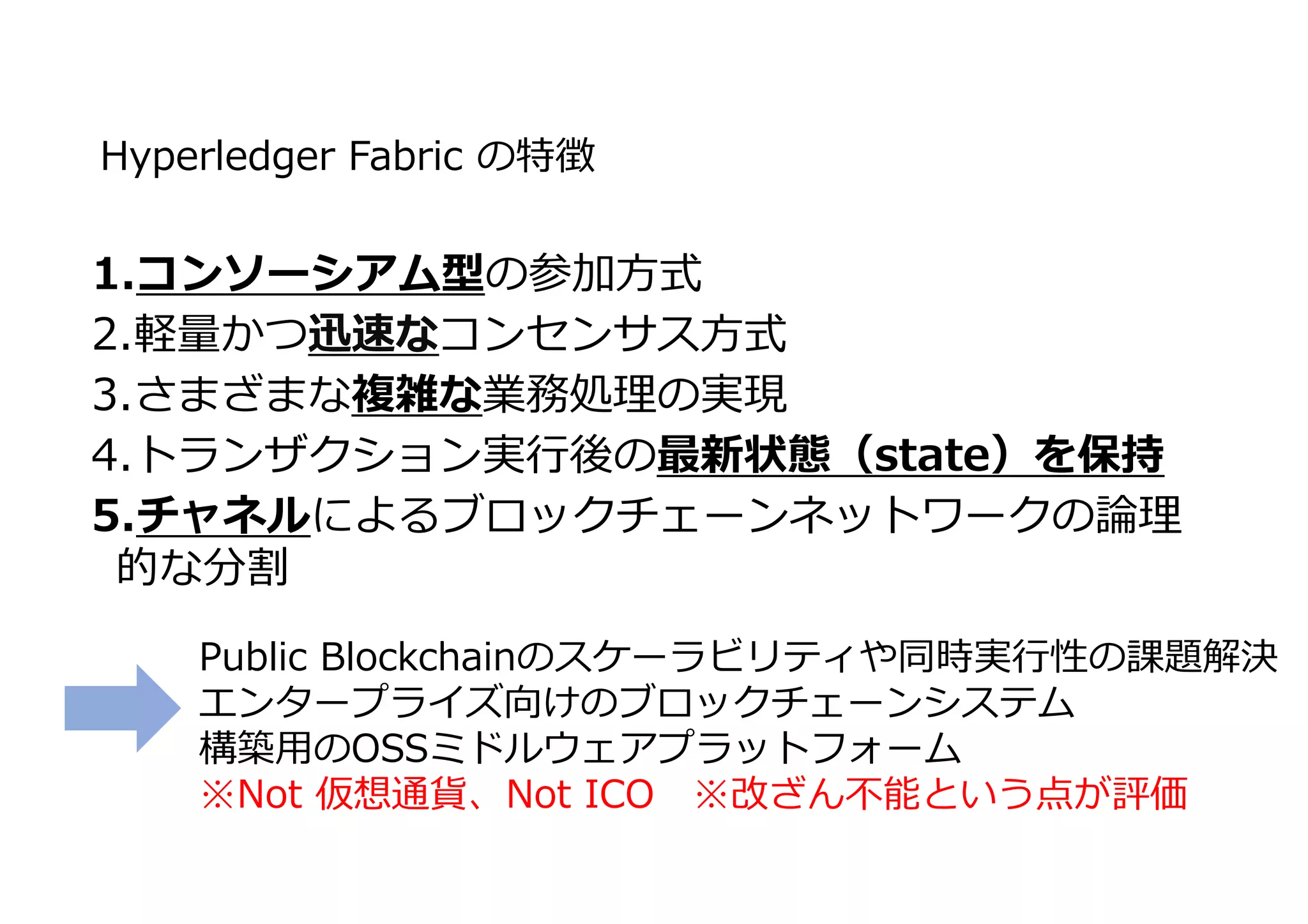 Hyperledger Fabric の特徴
1.コンソーシアム型の参加方式
2.軽量かつ迅速なコンセンサス方式
3.さまざまな複雑な業務処理の実現
4.トランザクション実⾏後の最新状態（state）を保持
5.チャネルによるブロックチェーンネットワークの論理
的な分割
Public Blockchainのスケーラビリティや同時実⾏性の課題解決
エンタープライズ向けのブロックチェーンシステム
構築用のOSSミドルウェアプラットフォーム
※Not 仮想通貨、Not ICO ※改ざん不能という点が評価
 