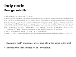 Pool genesis
fi
le
Indy node
{“reqSignature":{},"txn":{"data":{"data":
{"alias":"Node1","blskey":"4N8aUNHSgjQVgkpm8nhNEfDf6txHznoYREg9kirmJrkivgL4oSEimFF6nsQ6M41QvhM2Z3
3nves5vfSn9n1UwNFJBYtWVnHYMATn76vLuL3zU88KyeAYcHfsih3He6UHcXDxcaecHVz6jhCYz1P2UZn2bDVruL5wXpehgBf
BaLKm3Ba","blskey_pop":"RahHYiCvoNCtPTrVtP7nMC5eTYrsUA8WjXbdhNc8debh1agE9bGiJxWBXYNFbnJXoXhWFMvyq
hqhRoq737YQemH5ik9oL7R4NTTCz2LEZhkgLJzB3QRQqJyBNyv7acbdHrAT8nQ9UkLbaVL9NBpnWXBTw4LEMePaSHEw66RzPN
dAX1","client_ip":"127.0.0.1","client_port":9702,"node_ip":"127.0.0.1","node_port":9701,"services
":["VALIDATOR"]},"dest":"Gw6pDLhcBcoQesN72qfotTgFa7cbuqZpkX3Xo6pLhPhv"},"metadata":
{"from":"Th7MpTaRZVRYnPiabds81Y"},"type":"0"},"txnMetadata":
{"seqNo":1,"txnId":"fea82e10e894419fe2bea7d96296a6d46f50f93f9eeda954ec461b2ed2950b62"},"ver":"1"}


...
• It contains the IP addresses, ports, keys, etc of the nodes in the pool.

• It needs more than 4 nodes for BFT consensus.
 