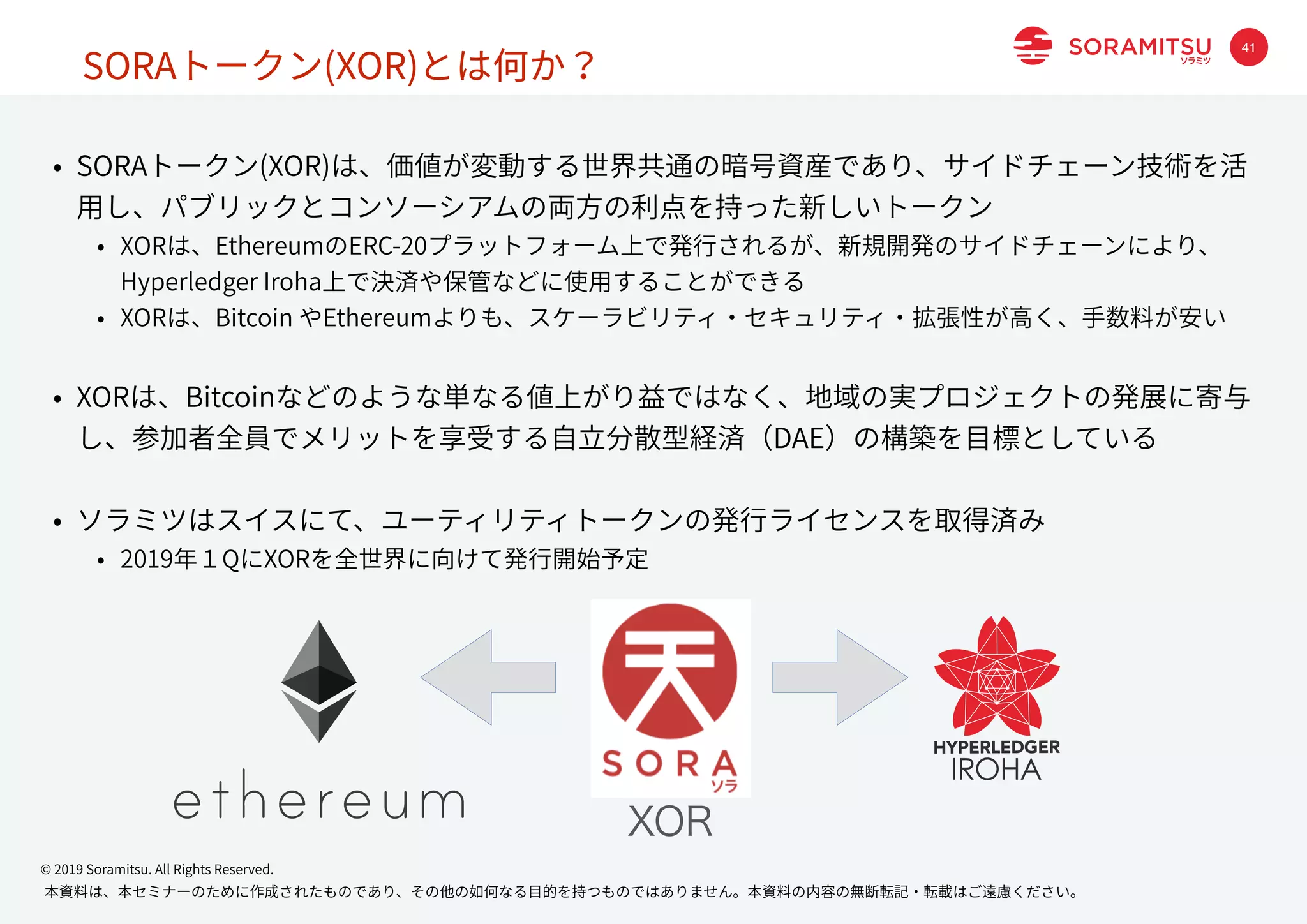 本資料は、本セミナーのために作成されたものであり、その他の如何なる⽬的を持つものではありません。本資料の内容の無断転記・転載はご遠慮ください。
© 2019 Soramitsu. All Rights Reserved.
41
SORAトークン(XOR)とは何か？
• SORAトークン(XOR)は、価値が変動する世界共通の暗号資産であり、サイドチェーン技術を活
⽤し、パブリックとコンソーシアムの両⽅の利点を持った新しいトークン
• XORは、EthereumのERC-20プラットフォーム上で発⾏されるが、新規開発のサイドチェーンにより、
Hyperledger Iroha上で決済や保管などに使⽤することができる
• XORは、Bitcoin やEthereumよりも、スケーラビリティ・セキュリティ・拡張性が⾼く、⼿数料が安い
• XORは、Bitcoinなどのような単なる値上がり益ではなく、地域の実プロジェクトの発展に寄与
し、参加者全員でメリットを享受する⾃⽴分散型経済（DAE）の構築を⽬標としている
• ソラミツはスイスにて、ユーティリティトークンの発⾏ライセンスを取得済み
• 2019年１QにXORを全世界に向けて発⾏開始予定
XOR
 