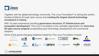 11
Together with the global technology community, The Linux Foundation® is solving the world’s
hardest problems through open source and creating the largest shared technology
investment in history.
With 16 years experience providing governance structure, IT infrastructure and
ecosystem development, The Linux Foundation is the umbrella organization for more than
60 open source projects accelerating open technology development and commercial
adoption.
Some of the game-changing initiatives hosted by The Linux Foundation include:
 