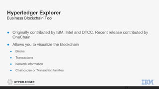 Hyperledger Explorer
Business Blockchain Tool
● Originally contributed by IBM, Intel and DTCC. Recent release contributed by
OneChain
● Allows you to visualize the blockchain
● Blocks
● Transactions
● Network information
● Chaincodes or Transaction families
21
 