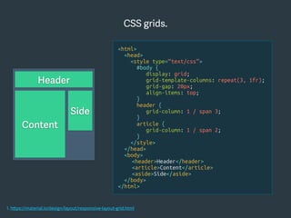 CSS grids.
1. https://material.io/design/layout/responsive-layout-grid.html
<html>
<head>
<style type=“text/css”>
#body {
display: grid;
grid-template-columns: repeat(3, 1fr);
grid-gap: 20px;
align-items: top;
}
header {
grid-column: 1 / span 3;
}
article {
grid-column: 1 / span 2;
}
</style>
</head>
<body>
<header>Header</header>
<article>Content</article>
<aside>Side</aside>
</body>
</html>
Header
Side
Content
 