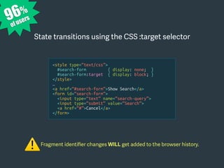 <style type=“text/css”>
#search-form { display: none; }
#search-form:target { display: block; }
</style>
…
<a href=“#search-form”>Show Search</a>
<form id=“search-form”>
<input type=“text” name=“search-query”>
<input type=“submit” value=“Search”>
<a href=“#”>Cancel</a>
</form>
Fragment identiﬁer changes WILL get added to the browser history.
⚠
State transitions using the CSS :target selector
96%
of users
 