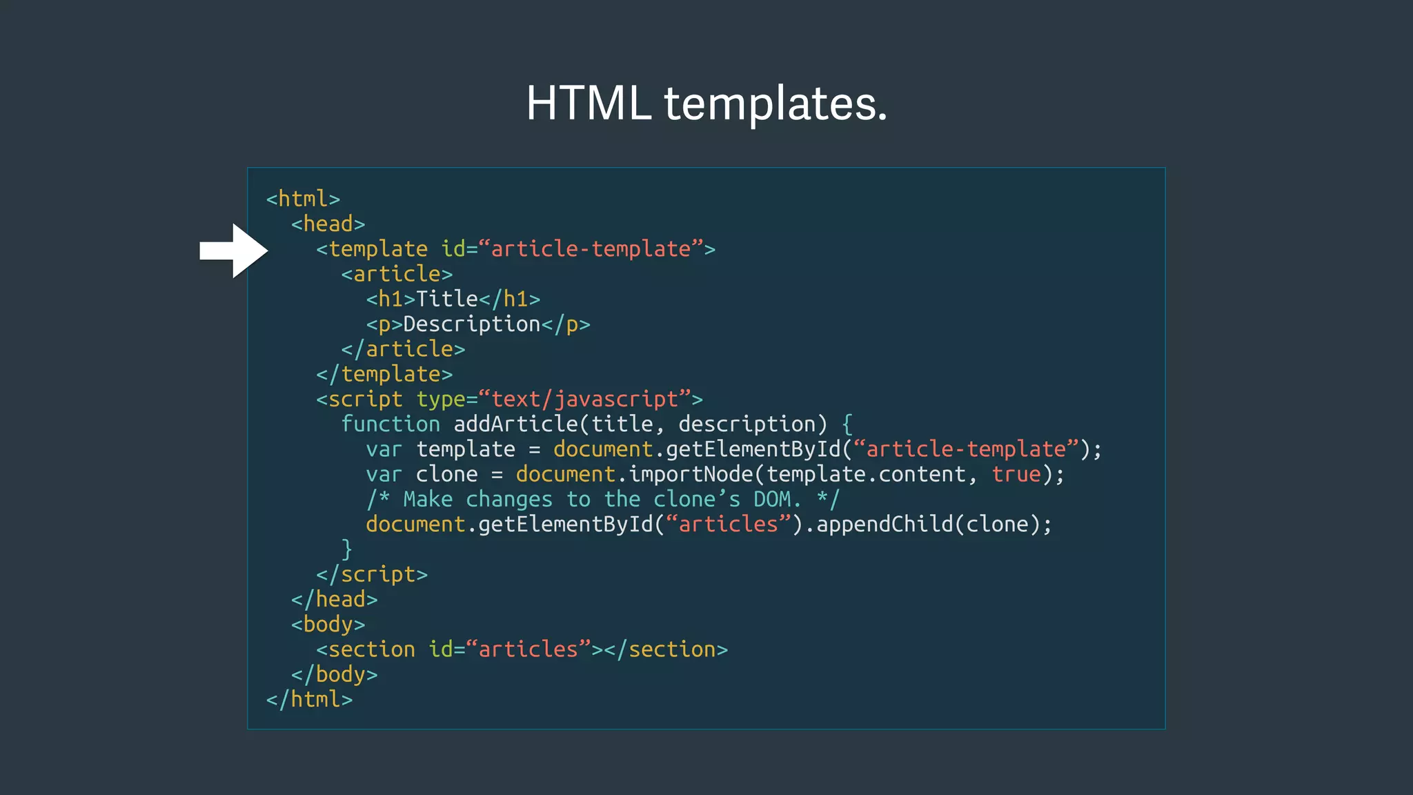 <html>
<head>
<template id=“article-template”>
<article>
<h1>Title</h1>
<p>Description</p>
</article>
</template>
<script type=“text/javascript”>
function addArticle(title, description) {
var template = document.getElementById(“article-template”);
var clone = document.importNode(template.content, true);
/* Make changes to the clone’s DOM. */
document.getElementById(“articles”).appendChild(clone);
}
</script>
</head>
<body>
<section id=“articles”></section>
</body>
</html>
HTML templates.
 