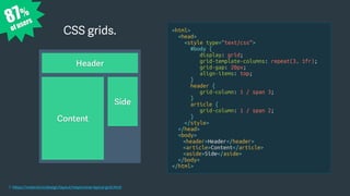 87%
of users
CSS grids.
1. https://material.io/design/layout/responsive-layout-grid.html
<html>
<head>
<style type=“text/css”>
#body {
display: grid;
grid-template-columns: repeat(3, 1fr);
grid-gap: 20px;
align-items: top;
}
header {
grid-column: 1 / span 3;
}
article {
grid-column: 1 / span 2;
}
</style>
</head>
<body>
<header>Header</header>
<article>Content</article>
<aside>Side</aside>
</body>
</html>
Header
Side
Content
 