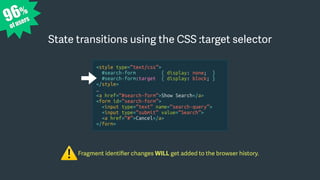 96%
of users
Fragment identiﬁer changes WILL get added to the browser history.
⚠
State transitions using the CSS :target selector
<style type=“text/css”>
#search-form { display: none; }
#search-form:target { display: block; }
</style>
…
<a href=“#search-form”>Show Search</a>
<form id=“search-form”>
<input type=“text” name=“search-query”>
<input type=“submit” value=“Search”>
<a href=“#”>Cancel</a>
</form>
 