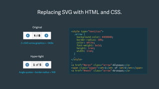 Replacing SVG with HTML and CSS.
Original
2 x SVG arrow graphics = ~5KBs
Hyper-light
Angle quotes + border-radius = 1KB
<style type=“text/css”>
.arrow {
background-color: #4D80AB;
border-radius: 50%;
color: white;
font-weight: bold;
height: 1rem;
width: 1rem;
}
…
</style>
…
<a href=“#prev” class=“arrow”>&lasquo;</a>
<span class=“pages”><em>1</em> of <em>5</em></span>
<a href=“#next” class=“arrow”>&rasquo;</a>
 
