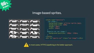 Image-based sprites.
96%
of users
In most cases, HTTP/2 pipelining is the better approach.
⚠
<style type=“text/css”>
.car-image {
background-image: url(/car-sprite.jpg);
background-size: 100%;
height: 60px;
width: 140px;
}
#sports-car.car-image {
background-position: -280px -120px;
}
</style>
<div id=“sports-car” class=“car-image”></div>
 