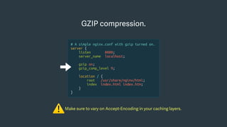 GZIP compression.
Make sure to vary on Accept-Encoding in your caching layers.
⚠
# A simple nginx.conf with gzip turned on.
server {
listen 8080;
server_name localhost;
gzip on;
gzip_comp_level 9;
location / {
root /usr/share/nginx/html;
index index.html index.htm;
}
}
 