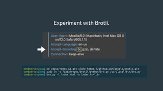 tom@servo:/www$ cd /data/repos && git clone https://github.com/google/brotli.git
tom@servo:/www$ sudo ln -s /data/repos/brotli/python/bro.py /usr/local/bin/bro.py
tom@servo:/www$ bro.py -i index.html -o index.html.br
Experiment with Brotli.
 