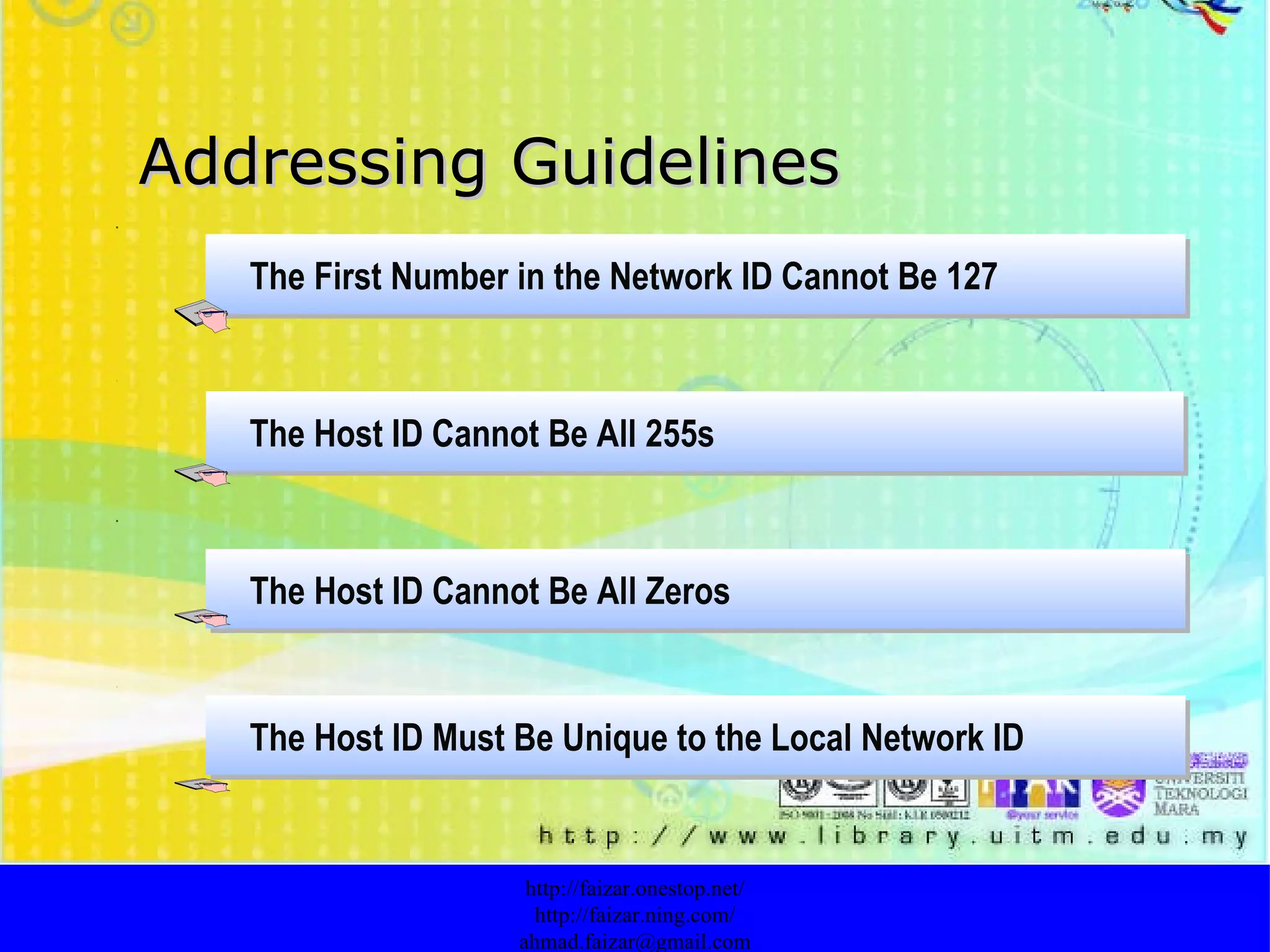 Addressing Guidelines http://faizar.onestop.net/ http://faizar.ning.com/ [email_address] The Host ID Cannot Be All Zeros  The Host ID Cannot Be All 255s   The First Number in the Network ID Cannot Be 127   The Host ID Must Be Unique to the Local Network ID   