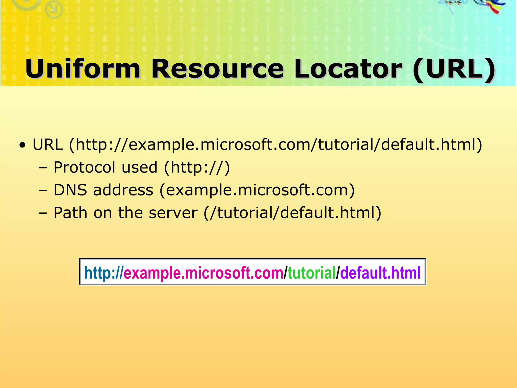 Uniform Resource Locator (URL) URL (http://example.microsoft.com/tutorial/default.html) Protocol used (http://) DNS address (example.microsoft.com) Path on the server (/tutorial/default.html) http://faizar.onestop.net/ http://faizar.ning.com/ [email_address] http:// example.microsoft.com / tutorial / default.html 