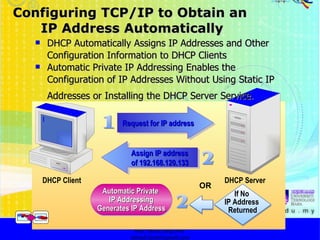 Configuring TCP/IP to Obtain an  IP Address Automatically http://faizar.onestop.net/ http://faizar.ning.com/ [email_address] Assign IP address    of 192.168.120.133 DHCP Client DHCP Server  Request for IP address DHCP Automatically Assigns IP Addresses and Other Configuration Information to DHCP Clients Automatic Private IP Addressing Enables the Configuration of IP Addresses Without Using Static IP Addresses or Installing the DHCP Server Service.   Automatic Private  IP Addressing Generates IP Address OR If No  IP Address  Returned 
