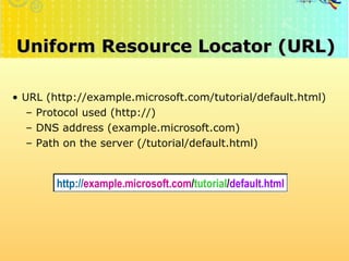 Uniform Resource Locator (URL) URL (http://example.microsoft.com/tutorial/default.html) Protocol used (http://) DNS address (example.microsoft.com) Path on the server (/tutorial/default.html) http://faizar.onestop.net/ http://faizar.ning.com/ [email_address] http:// example.microsoft.com / tutorial / default.html 