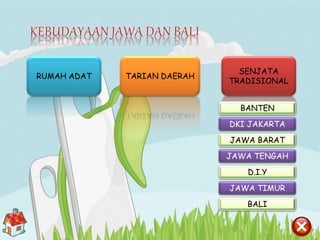 SENJATA
TRADISIONAL
RUMAH ADAT TARIAN DAERAH
BANTEN
BALI
DKI JAKARTA
JAWA TIMUR
JAWA BARAT
JAWA TENGAH
D.I.Y
 
