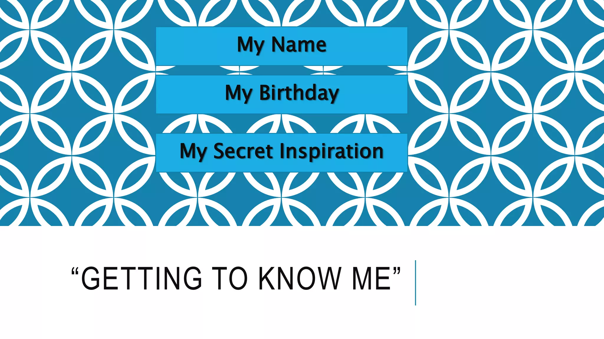 “GETTING TO KNOW ME”
My Name
My Birthday
My Secret Inspiration
 
