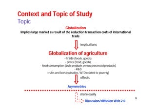 9 
Context and Topic of Study 
Topic 
Globalization 
Implies large market as result of the reduction transaction costs of international 
trade 
implications 
Globalization of agriculture 
- trade (foods, goods) 
- prices (food, goods) 
- food consumption (bulk products versus processed products) 
- R&D 
- rules and laws (subsidies, WTO related to poverty) 
effects 
Asymmetries 
more easily 
Discussion/diffusion Web 2.0 
 