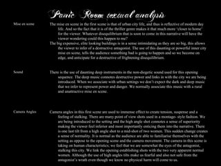 Camera angles in this first scene are used to immense effect to create tension, suspense and a feeling of stalking. There are many point of view shots used in a montage- style fashion. We are being introduced to the setting and the high angle shot connotes a sense of superiority making the viewer feel inferior and most importantly enticing them into the narrative. There is one last tilt from a high angle shot to a mid-shot of two women. This sudden change creates a sense of normality. It is normal as the audience are able to familiarise themselves with the setting as oppose to the opening scene and the camera movement. The camera in this scene is taking on human characteristics; we feel that we are somewhat the eyes of the antagonist, stalking this city. We link the opening establishing shots with the two very apparent normal women. Although the use of high angles tilts make us fearful and also not safe from the antagonist’s wrath even though we know no physical harm will come to us. Camera Angles There is the use of daunting deep instruments in the non-diegetic sound used for this opening sequence. The deep music connotes destructive power and links in with the city we are being introduced. When we associate with urban settings we don’t expect the dark and deep music that we infer to represent power and danger. We normally associate this music with a rural and unattractive mise en scene. Sound The mise en scene in the first scene is that of urban city life, and thus is reflective of modern day life. And so the fact that it is of the thriller genre makes it that much more ‘closer to home’ for the viewer. Whatever disequilibrium that is soon to come in this narrative will have the viewer wondering could this happen to me? The big expensive, elite looking buildings is in a sense intimidating as they are so big, this allows the viewer to infer of a destructive antagonist. The use of this daunting or powerful inner city mise en scene, tells the audience something bad is going to happen and so we become on edge, and anticipate for a destructive of frightening disequilibrium. Mise en scene 