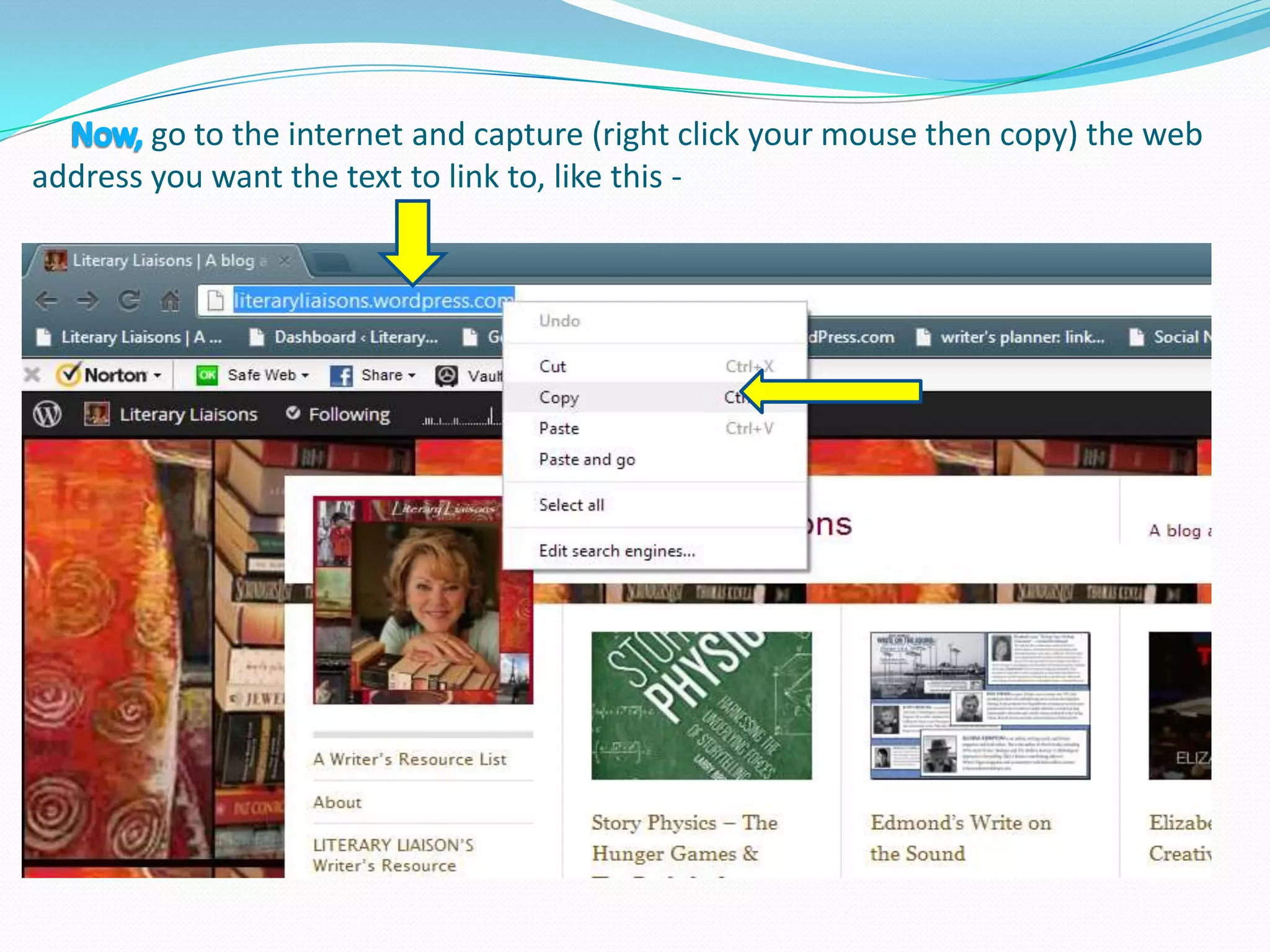 go to the internet and capture (right click your mouse then copy) the web
address you want the text to link to, like this -
 