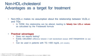 Non-HDL-cholesterol
Advantages as a target for treatment
1. Aguiar C et al. Atheroscler Suppl 2015;19:1.
2. Sniderman A et al. J Clin Lipidol 2010;4:152. 3. Nordestgaard BG et al. Eur Heart J 2016;37:1944.
12
• Non-HDL-c makes no assumption about the relationship between VLDL-c
and TGs
• In T2DM, this relationship can be altered, leading to falsely low LDL-c values
as calculated by the Friedewald formula
• Practical advantages
• Does not require fasting3
• Easily calculated (difference between 2 well standardized assays) and inexpensive (vs apo
B)
• Can be used in patients with TG >400 mg/dL (4.5 mmol/L)
 