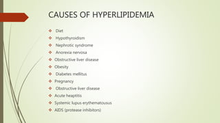 CAUSES OF HYPERLIPIDEMIA
 Diet
 Hypothyroidism
 Nephrotic syndrome
 Anorexia nervosa
 Obstructive liver disease
 Obesity
 Diabetes mellitus
 Pregnancy
 Obstructive liver disease
 Acute heaptitis
 Systemic lupus erythematousus
 AIDS (protease inhibitors)
 