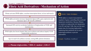 CLASS 2 · FIBRATES
Fibric Acid Derivatives - Mechanism of Action
Fibrate activates PPAR-alpha, a nuclear transcription factor, in liver and muscle
PPAR-alpha activation increases lipoprotein lipase (LPL) gene expression and
decreases Apo C-III (an LPL inhibitor)
Increased LPL activity accelerates hydrolysis of triglycerides in VLDL and
chylomicrons
PPAR-alpha also boosts hepatic fatty-acid oxidation and reduces hepatic VLDL
(triglyceride) production
Apo A-I and A-II synthesis increase, raising HDL particle formation
↓↓ Plasma triglycerides, ↑ HDL-C, modest ↓ LDL-C
WHY THIS WORKS
PPAR-alpha is a master transcriptional
regulator of genes controlling fatty-acid and
lipoprotein metabolism. Because fibrates
act mainly on triglyceride-rich lipoproteins
(via LPL and Apo C-III), they are the most
potent class for lowering triglycerides -
explaining their preferred use in severe
hypertriglyceridemia to prevent
pancreatitis.
Example: Fenofibrate, Gemfibrozil
 