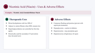 Nicotinic Acid (Niacin) - Uses & Adverse Effects
Examples: Nicotinic Acid, Extended-Release Niacin
Therapeutic Uses
✦ Mixed dyslipidemia with low HDL-C
✦ Adjunct to statins/fibrates when HDL remains low
✦ Hypertriglyceridemia not controlled by first-line
agents
✦ Historically used for secondary CV prevention
(less favoured now)
Adverse Effects
✦ Cutaneous flushing and pruritus (prevent with
aspirin pre-treatment)
✦ Hyperglycemia - caution in diabetes
✦ Hyperuricemia - may precipitate gout
✦ Hepatotoxicity at high doses; GI upset
 
