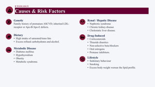 ETIOLOGY
Causes & Risk Factors
Genetic
Family history of premature ASCVD; inherited LDL-
receptor or Apo-B/Apo-E defects.
Dietary
• High intake of saturated/trans fats
• Excess refined carbohydrates and alcohol.
Metabolic Disease
• Diabetes mellitus
• Hypothyroidism
• Obesity
• Metabolic syndrome.
Renal / Hepatic Disease
• Nephrotic syndrome
• Chronic kidney disease
• Cholestatic liver disease.
Drug-Induced
• Corticosteroids
• Thiazide diuretics
• Non-selective beta-blockers
• Oral estrogens
• Protease inhibitors.
Lifestyle
• Sedentary behaviour
• Smoking
• Excess body weight worsen the lipid profile.
 