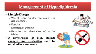 Management of Hyperlipidemia
• Lifestyle Changes
– Weight reduction (for overweight and
obese persons).
– Exercise.
– Cessation of smoking.
– Reduction or elimination of alcohol
intake.
• A combination of diet, lifestyle
changes and medication may be
required in some cases
 