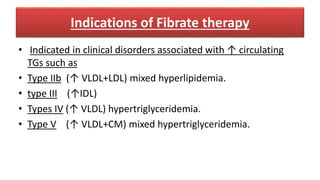 Indications of Fibrate therapy
• Indicated in clinical disorders associated with ↑ circulating
TGs such as
• Type IIb (↑ VLDL+LDL) mixed hyperlipidemia.
• type III (↑IDL)
• Types IV (↑ VLDL) hypertriglyceridemia.
• Type V (↑ VLDL+CM) mixed hypertriglyceridemia.
 