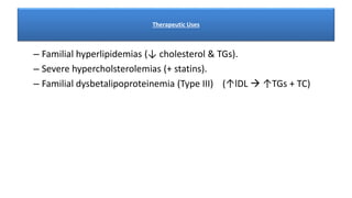 Therapeutic Uses
– Familial hyperlipidemias (↓ cholesterol & TGs).
– Severe hypercholsterolemias (+ statins).
– Familial dysbetalipoproteinemia (Type III) (↑lDL  ↑TGs + TC)
 