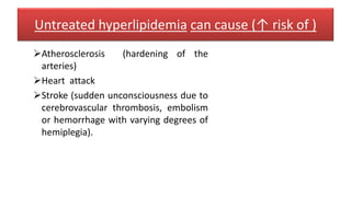 Untreated hyperlipidemia can cause (↑ risk of )
Atherosclerosis (hardening of the
arteries)
Heart attack
Stroke (sudden unconsciousness due to
cerebrovascular thrombosis, embolism
or hemorrhage with varying degrees of
hemiplegia).
 