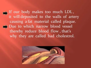 If our body makes too much LDL ,
it will deposited to the walls of artery
causing a fat material called plaque.
Due to which narrow blood vessel
thereby reduce blood flow , that’s
why they are called bad cholestrol.
 