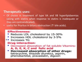 Therapeutic uses:
• Of choice in treatment of type IIA and IIB hyperlipidaemias
(along with statins when response to statins is inadequate or
they are contraindicated).
• useful for Pruritus in biliary obstruction (↑ bile acids).
 