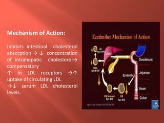 Mechanism of Action:
Inhibits intestinal cholesterol
absorption → ↓ concentration
of intrahepatic cholesterol→
compensatory
↑ in LDL receptors →↑
uptake of circulating LDL
→↓ serum LDL cholesterol
levels.
 