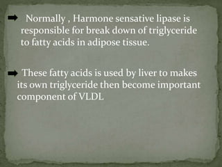 Normally , Harmone sensative lipase is
responsible for break down of triglyceride
to fatty acids in adipose tissue.
These fatty acids is used by liver to makes
its own triglyceride then become important
component of VLDL
 