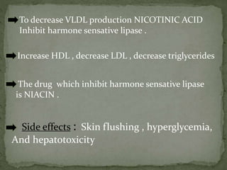 To decrease VLDL production NICOTINIC ACID
Inhibit harmone sensative lipase .
Increase HDL , decrease LDL , decrease triglycerides
The drug which inhibit harmone sensative lipase
is NIACIN .
Side effects : Skin flushing , hyperglycemia,
And hepatotoxicity
 