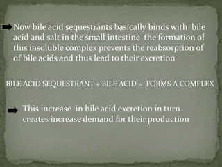 This increase in bile acid excretion in turn
creates increase demand for their production
Now bile acid sequestrants basically binds with bile
acid and salt in the small intestine the formation of
this insoluble complex prevents the reabsorption of
of bile acids and thus lead to their excretion
BILE ACID SEQUESTRANT + BILE ACID = FORMS A COMPLEX
 