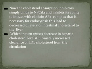 Now the cholesterol absorption inhibitors
simply binds to NPC1L1 and inhibits its ability
to intract with clathrin AP2 complex that is
necessary for endocytosis this lead to
decreased dilevery of intestinal cholesterol to
the liver
Which in turn causes decrease in hepatic
cholesterol level & ultimately increased
clearance of LDL cholesterol from the
circulation
 