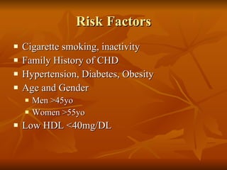 Risk Factors Cigarette smoking, inactivity Family History of CHD Hypertension, Diabetes, Obesity Age and Gender Men >45yo Women >55yo Low HDL <40mg/DL 