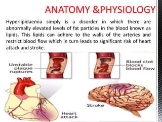 ANATOMY &PHYSIOLOGY
Hyperlipidaemia simply is a disorder in which there are
abnormally elevated levels of fat particles in the blood known as
lipids. This lipids can adhere to the walls of the arteries and
restrict blood flow which in turn leads to significant risk of heart
attack and stroke.
 