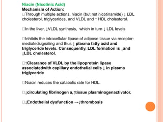 Niacin (Nicotinic Acid)
Mechanism of Action:
Through multiple actions, niacin (but not nicotinamide) ↓ LDL
cholesterol, triglycerides, and VLDL and ↑ HDL cholesterol.
In the liver, ↓VLDL synthesis, which in turn ↓ LDL levels
Inhibits the intracellular lipase of adipose tissue via receptor-
mediatedsignaling and thus ↓ plasma fatty acid and
triglyceride levels. Consequently, LDL formation is ↓and
↓LDL cholesterol.
↑Clearance of VLDL by the lipoprotein lipase
associatedwith capillary endothelial cells ↓ in plasma
triglyceride
Niacin reduces the catabolic rate for HDL.
↓circulating fibrinogen a,↑tissue plasminogenactivator.
↓Endothelial dysfunction →↓thrombosis
 