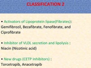 CLASSIFICATION 2
• Activators of Lipoprotein lipase(Fibrates):
Gemifibrozil, Bezafibrate, Fenofibrate, and
Ciprofibrate
• Inhibitor of VLDL secretion and lipolysis :
Niacin (Nicotinic acid)
• New drugs (CETP Inhibitors) :
Torcetrapib, Anacetrapib
 