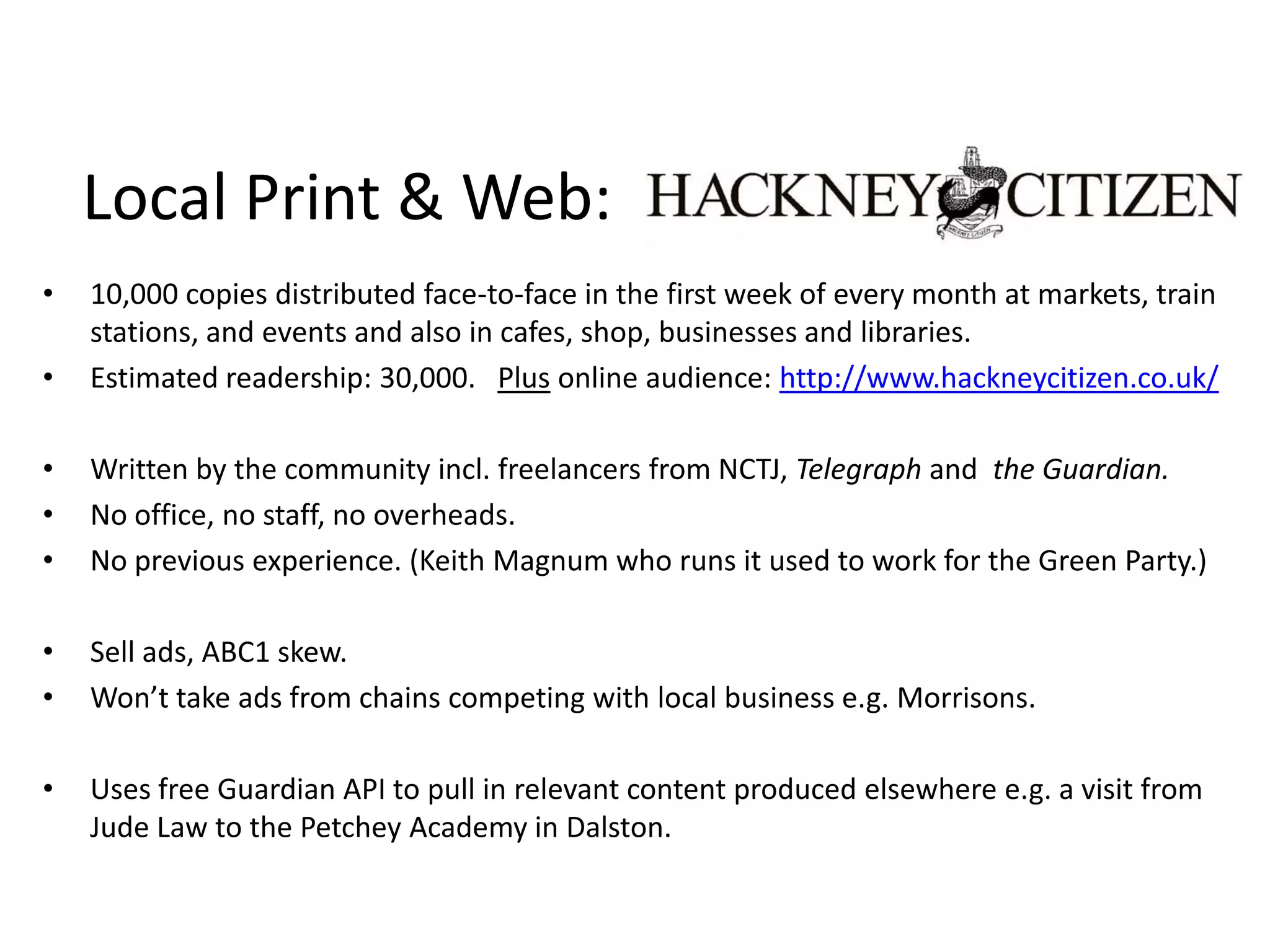 Community Radio Not-for-profit radio services designed to operate on a small scale and to deliver community benefits aka ‘social gain’, to one or more communities.Initial legislation introduced in 2004. First station launched November 2005.  Ofcom has licensed 228 stations over two    rounds of licensing.  181 are broadcasting, 17 not launched   or handed their licence back.  Remainder preparing to launch. 9.2 million adults (11 million people) are able to receive a community radio station broadly aimed at them. c.15% of the total UK population may be able to receive a community radio service aimed at them on FM or AM. 
