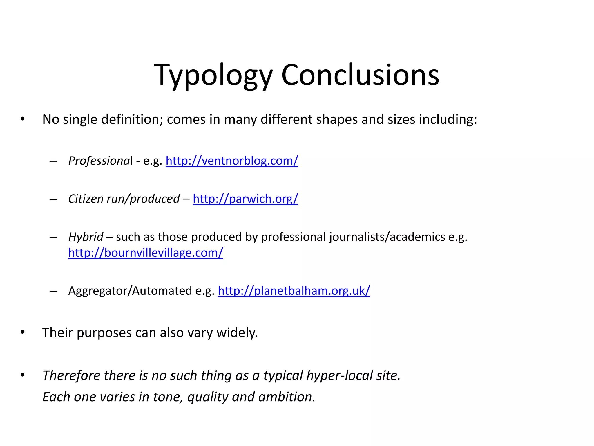 		Local Video: Launched in 2008  offering “Local Television for Monmouthshire”, Features a weekly 15 minute news bulletin as well as a range of other content such as local Sport, Music, Festivals and human interest stories. Typically gets 1,000 users a day, increasing by 300% at busy times e.g. Festivals. December 2009, it recorded its millionth visitor.Run (voluntarily) by two professional filmmakers, and volunteers - some doing 15 hours p/w to help with filming, editing and scheduling. A lot of the content is generated by students doing a City & Guilds Level 3 Diploma at the station; with coursework being showcased in the “Mon TV Academy” . Many graduates stay on as volunteers after graduating. 