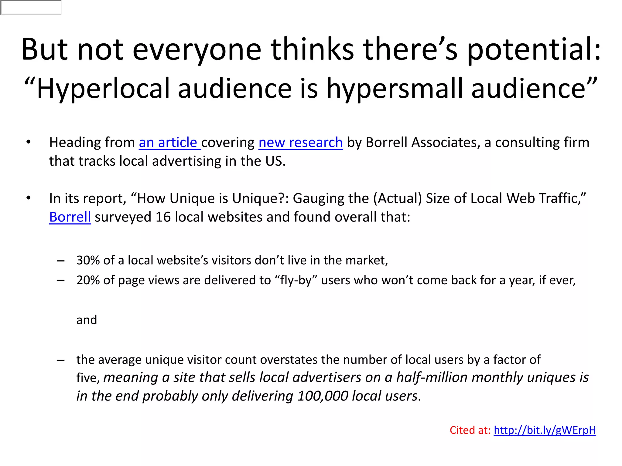 1.1 - Closure of The Guardian has announced the closure of local news websites (Leeds, Cardiff,  and  Edinburgh). “As an experiment in covering local communities in a new way, it has been successful and enlightening. Unfortunately, while the blogs have found engaged local readerships and had good editorial impact,  the project is not sustainable in its present form.”Meg Pickard, head of digital engagementSource:http://bit.ly/hbtSJy“Despite years of talk, hyperbole and failed experiments in “hyperlocal” journalism, which has been championed by many including the Guardian Local staff, there remain few concrete examples of formalised such efforts becoming commercially sustainable. … GNM’s decision may be one more indication that there is no future for industrialised “hyperlocal” journalism.”PaidContent’sRobert AndrewsSource: http://bit.ly/fmUxl5  