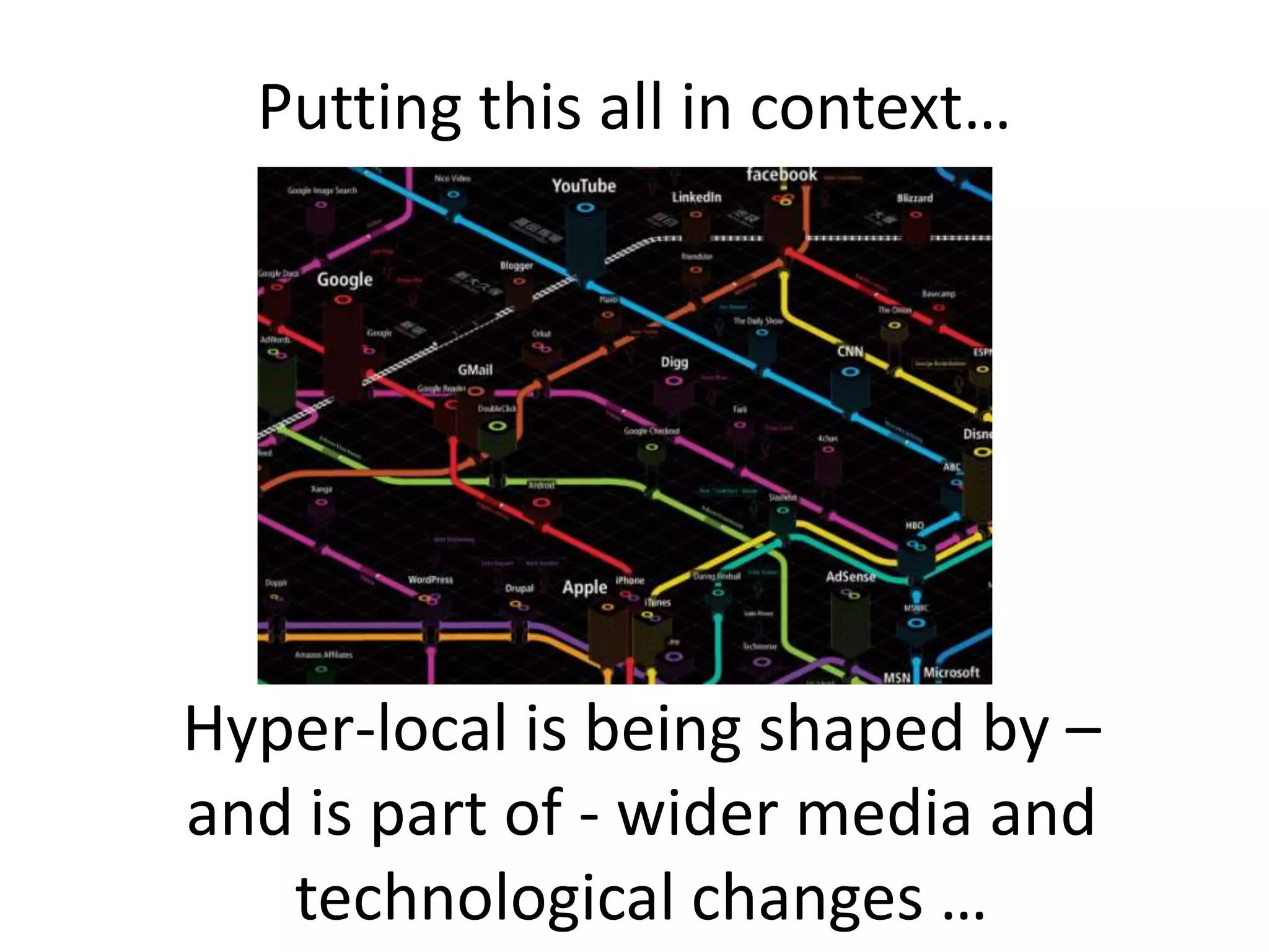 But not everyone thinks there’s potential:“Hyperlocal audience is hypersmall audience”Heading from an article covering new research by Borrell Associates, a consulting firm that tracks local advertising in the US. In its report, “How Unique is Unique?: Gauging the (Actual) Size of Local Web Traffic,” Borrell surveyed 16 local websites and found overall that:30% of a local website’s visitors don’t live in the market, 20% of page views are delivered to “fly-by” users who won’t come back for a year, if ever, 	and the average unique visitor count overstates the number of local users by a factor of five, meaning a site that sells local advertisers on a half-million monthly uniques is in the end probably only delivering 100,000 local users.Cited at: http://bit.ly/gWErpH