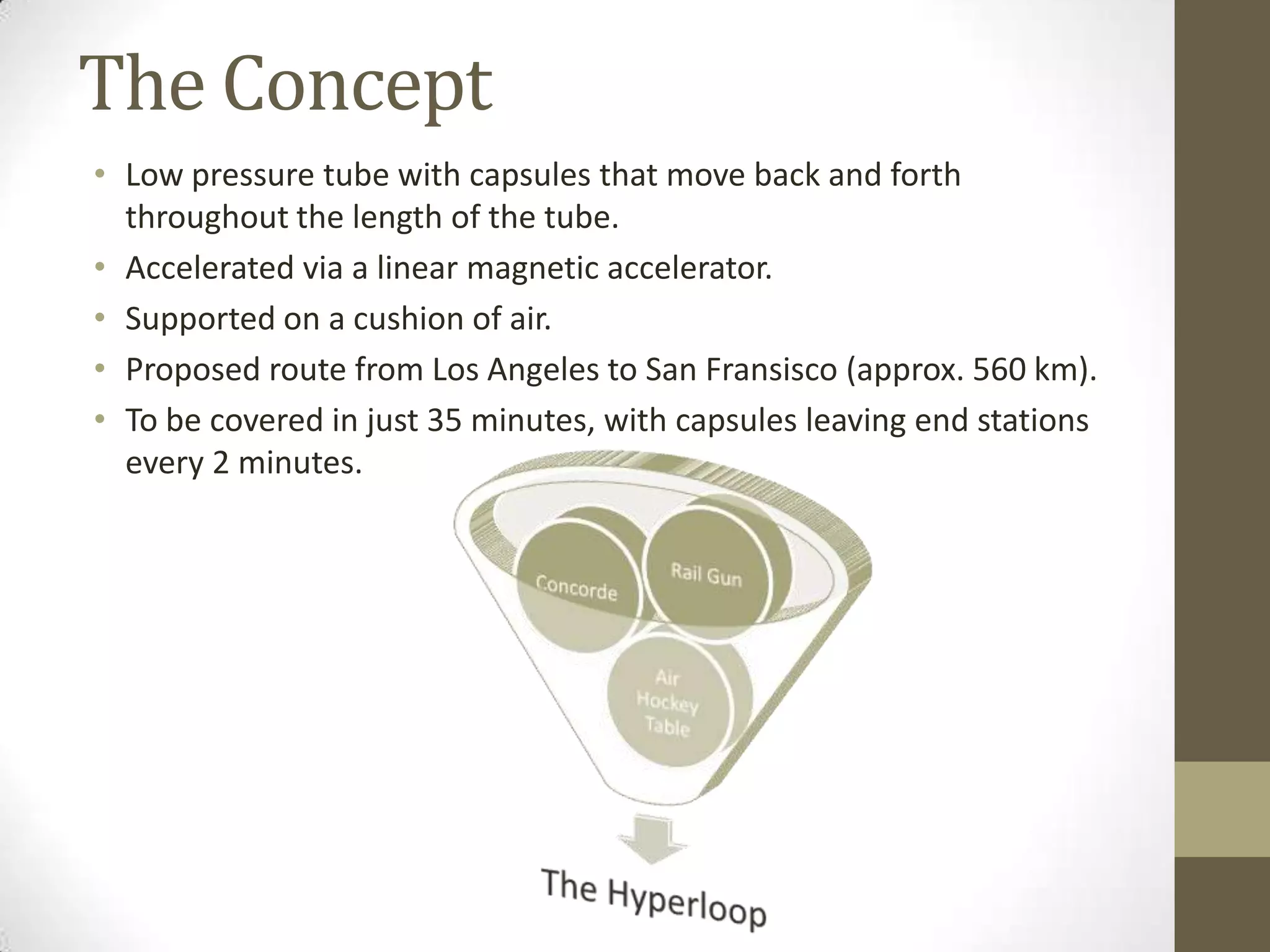 The Concept
• Low pressure tube with capsules that move back and forth
throughout the length of the tube.
• Accelerated via a linear magnetic accelerator.
• Supported on a cushion of air.
• Proposed route from Los Angeles to San Fransisco (approx. 560 km).
• To be covered in just 35 minutes, with capsules leaving end stations
every 2 minutes.

 
