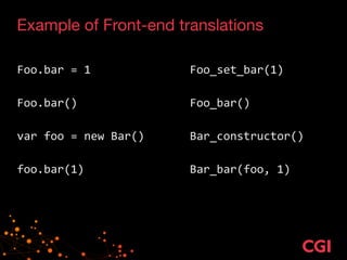 Example of Front-end translations
!
Foo.bar	
  =	
  1	
  	
  	
   	
   	
   Foo_set_bar(1)	
  
!
Foo.bar()	
   	
   	
   	
   Foo_bar()	
  
!
var	
  foo	
  =	
  new	
  Bar()	
   	
   Bar_constructor()	
  
!
foo.bar(1)	
  	
   	
   	
   Bar_bar(foo,	
  1)	
  
 