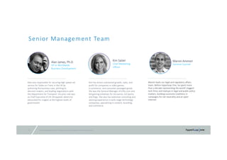 © 2016 Hyperloop One Inc. All rights reserved. Confidential – Not for Distribution20
Senior Management Team
Alan James, Ph.D.
VP or Worldwide
Business Development
Alan was responsible for securing high‐speed rail 
service for Stoke‐on‐Trent in the UK by 
authoring the business case, pitching to 
decision‐makers, and leading negotiations with 
the Department for Transport. His prior role was 
as Chief Executive of UK Ultraspeed, where he 
advocated for maglev at the highest levels of 
government.
Kim Salzer
Chief Marketing
Officer
Kim has driven substantial growth, sales, and 
profit for companies in video games,
e‐commerce, and consumer packaged goods. 
She was the General Manager of Gifts.com and 
led gaming initiatives for EA Games, EA Sports, 
and Pogo. She also has extensive consulting and 
advising experience in early‐stage technology 
companies, specializing in content, branding, 
and commerce. 
Marvin leads our legal and regulatory affairs 
team. Before Hyperloop One, he spent more 
than a decade representing the world’s biggest 
tech firms and startups in legal and public policy 
matters, building successful coalitions in 
campaigns for net neutrality and an open 
Internet.
Marvin Ammori
General Counsel
 